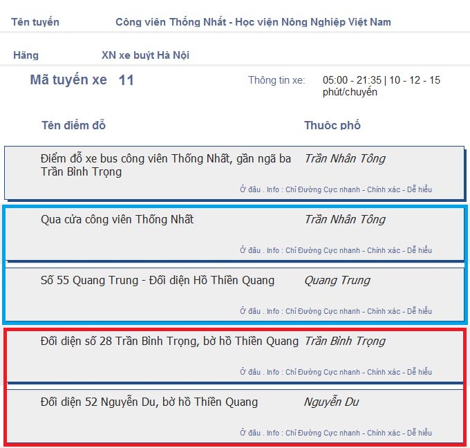 odau.info: lộ trình và tuyến phố đi qua của tuyến bus số 11 ở Hà Nội no01