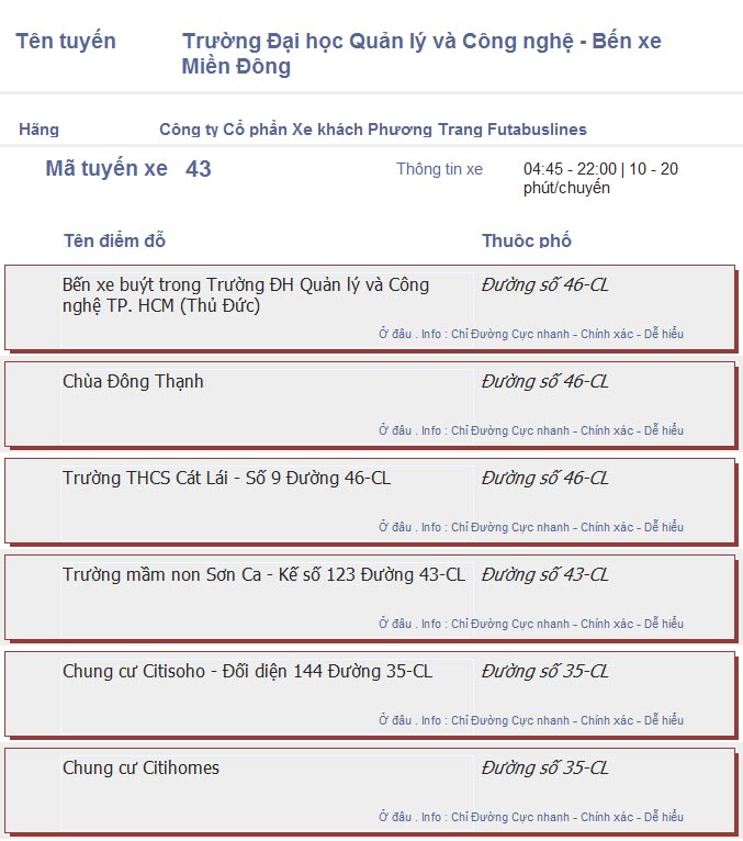 odau.info: lộ trình và tuyến phố đi qua của tuyến bus số 43 ở tp. Hồ Chí Minh no06