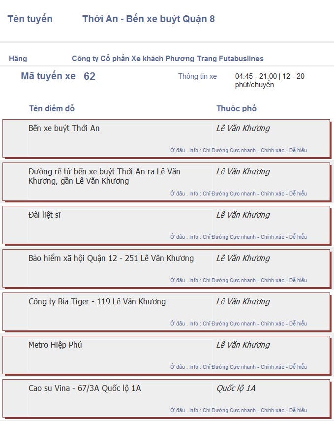 odau.info: lộ trình và tuyến phố đi qua của tuyến bus số 62 ở tp. Hồ Chí Minh no08