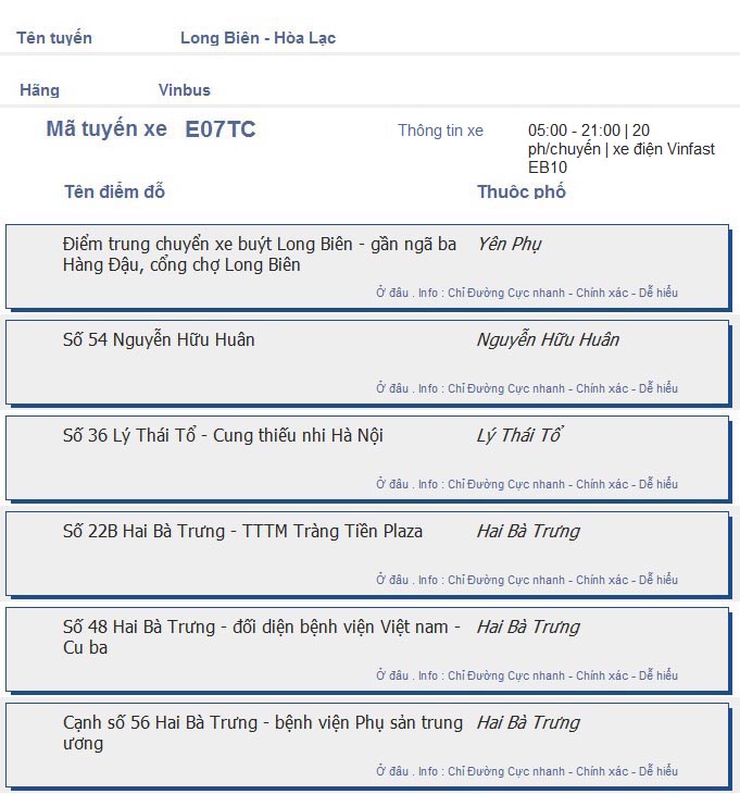 odau.info: lộ trình và tuyến phố đi qua của tuyến bus số e07tc ở Hà Nội no01